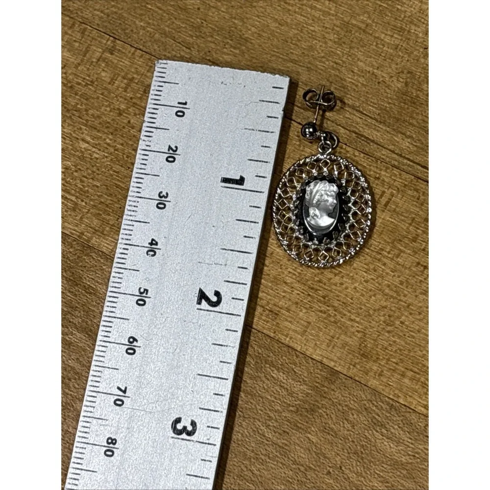 Vintage Silver Tone Faux Pearl Cameo Filigree Oval Dangle Post Earrings